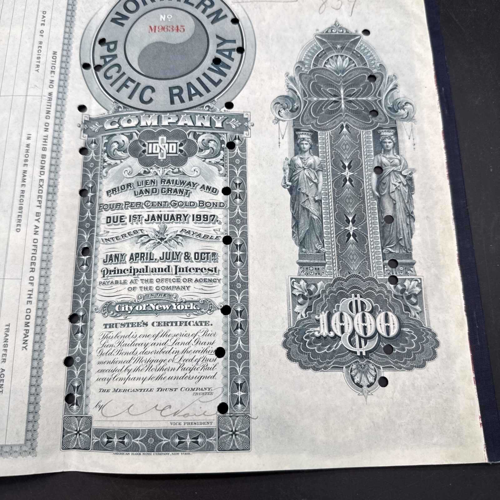 Northern Pacific Railway Co. 1897 dated $1,000 Railroad Gold Bond Gorgeous