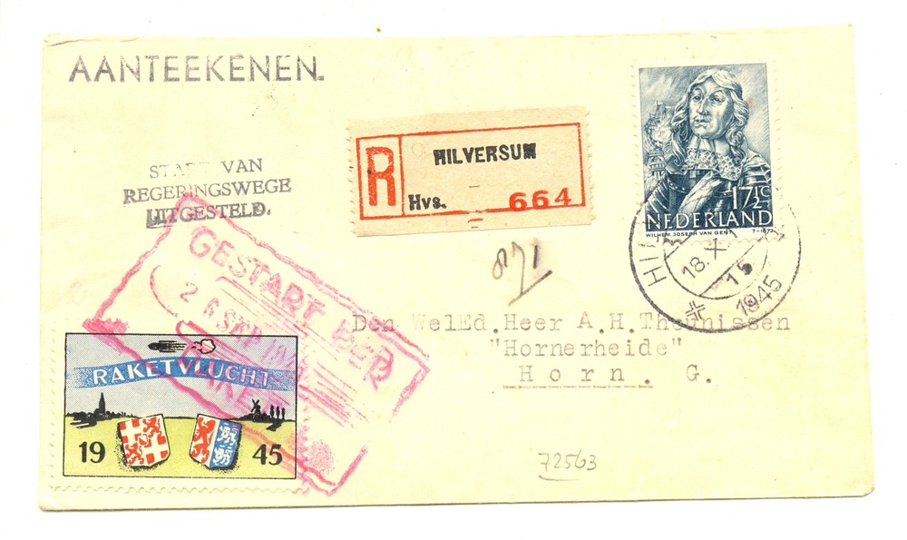 NETHERLANDS ROCKET MAIL 1945 CV. +LABEL REG. VF @2