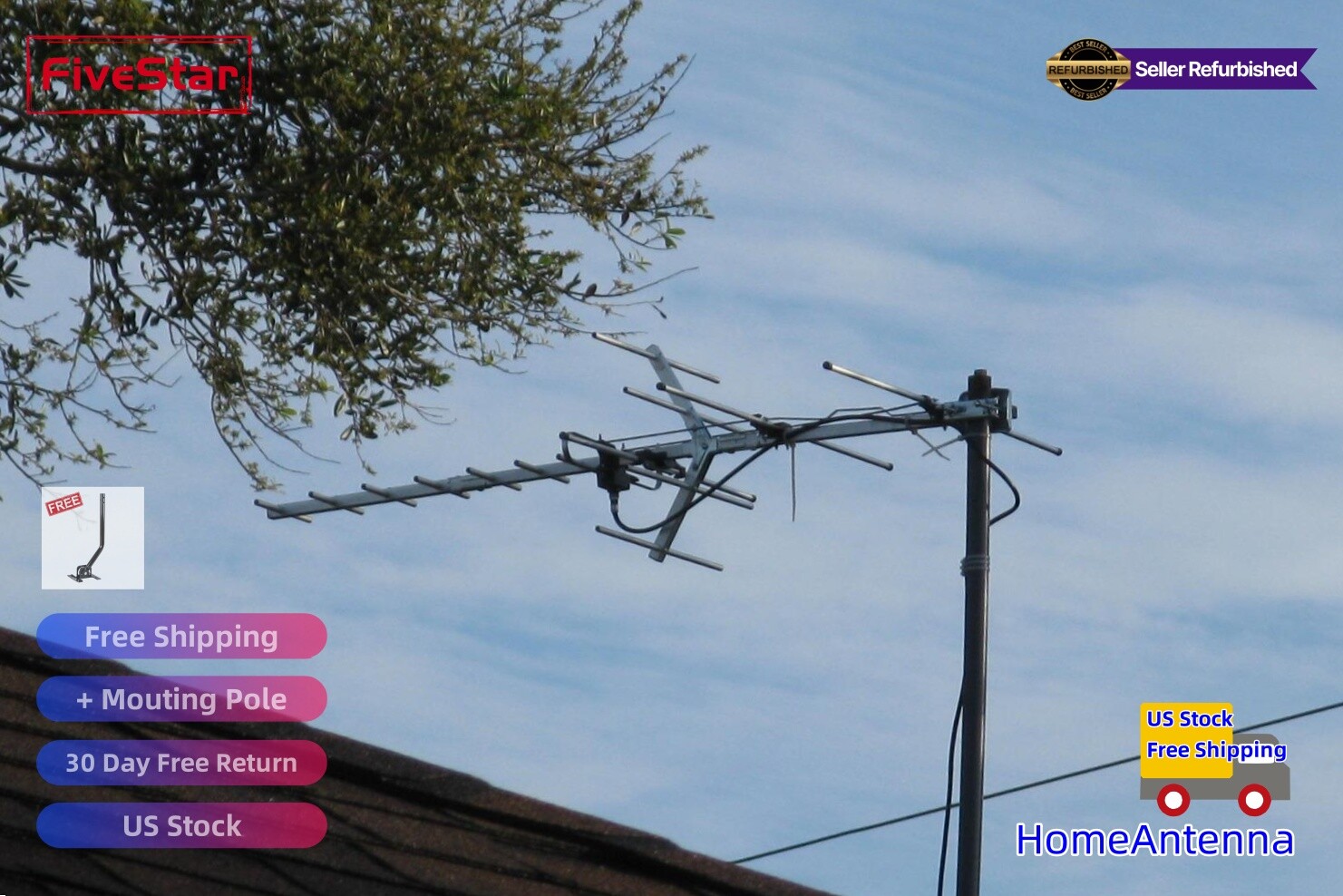 Yagi HD TV Antenna Attic or Roof Mount up to 200 Mile Range TV Antenna