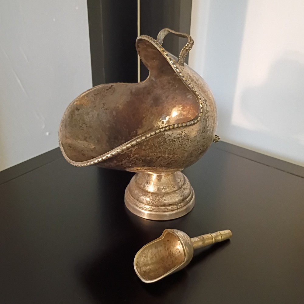ANTIQUE SILVERPLATE SUGAR SCUTTLE AND SCOOP