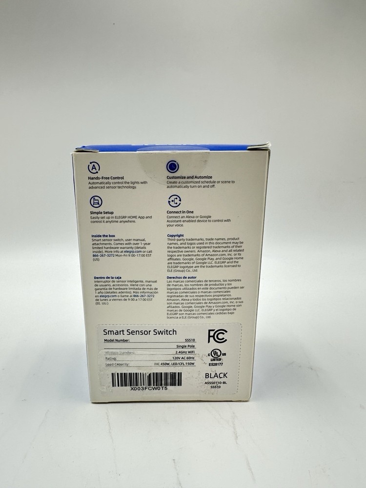 Smart Motion Sensor Switch 2.4GHz Single Pole Switch Alexa Google APP Black