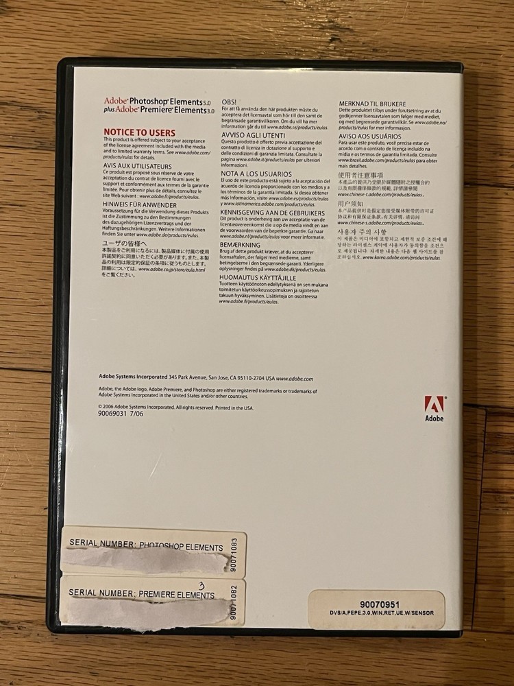 Adobe Photoshop Elements 5.0 + Premiere Elements 3.0 Software w/Serial Numbers
