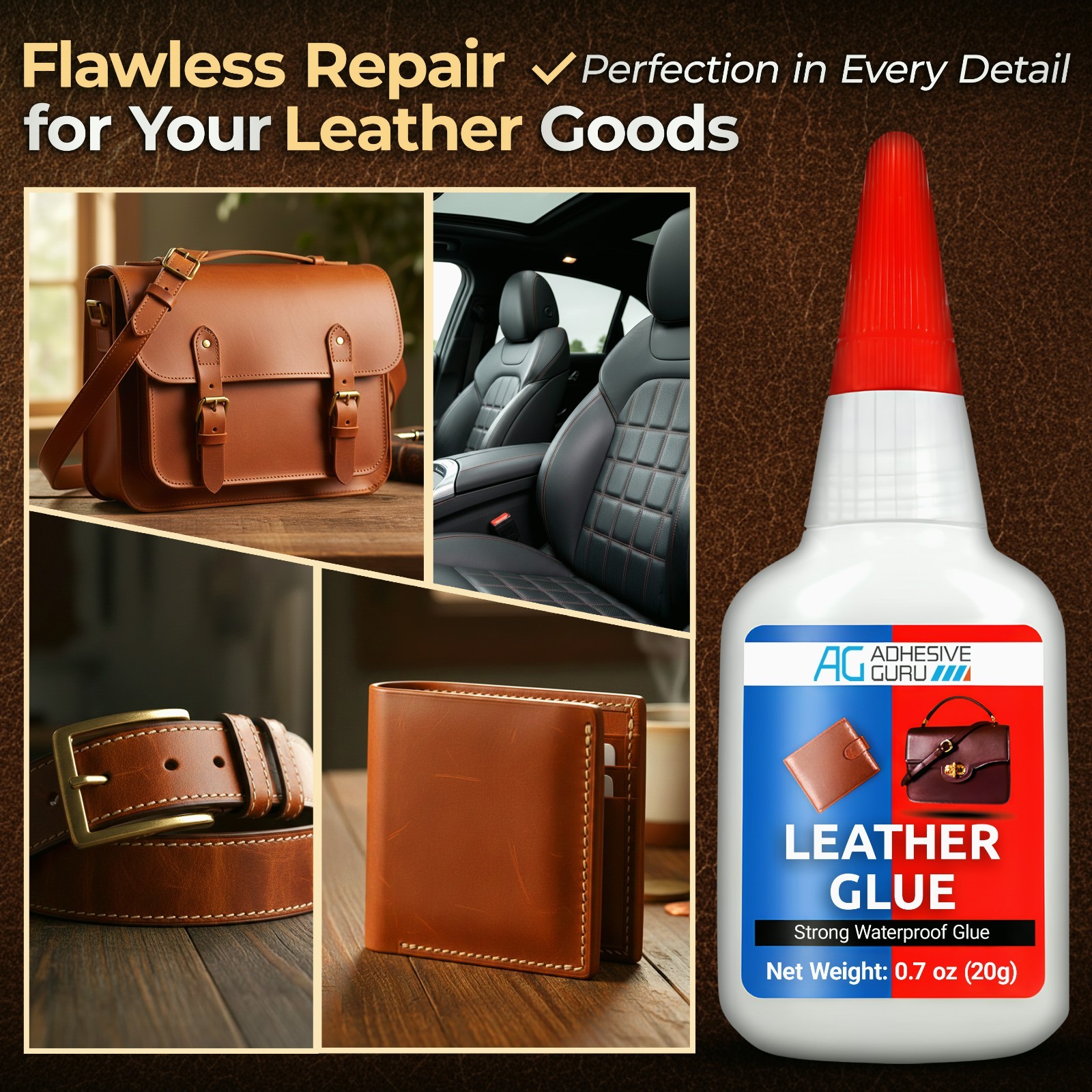 Adhesive Guru Leather Glue 150x0.7 oz Super Glue for Purses, Sofas and Furniture