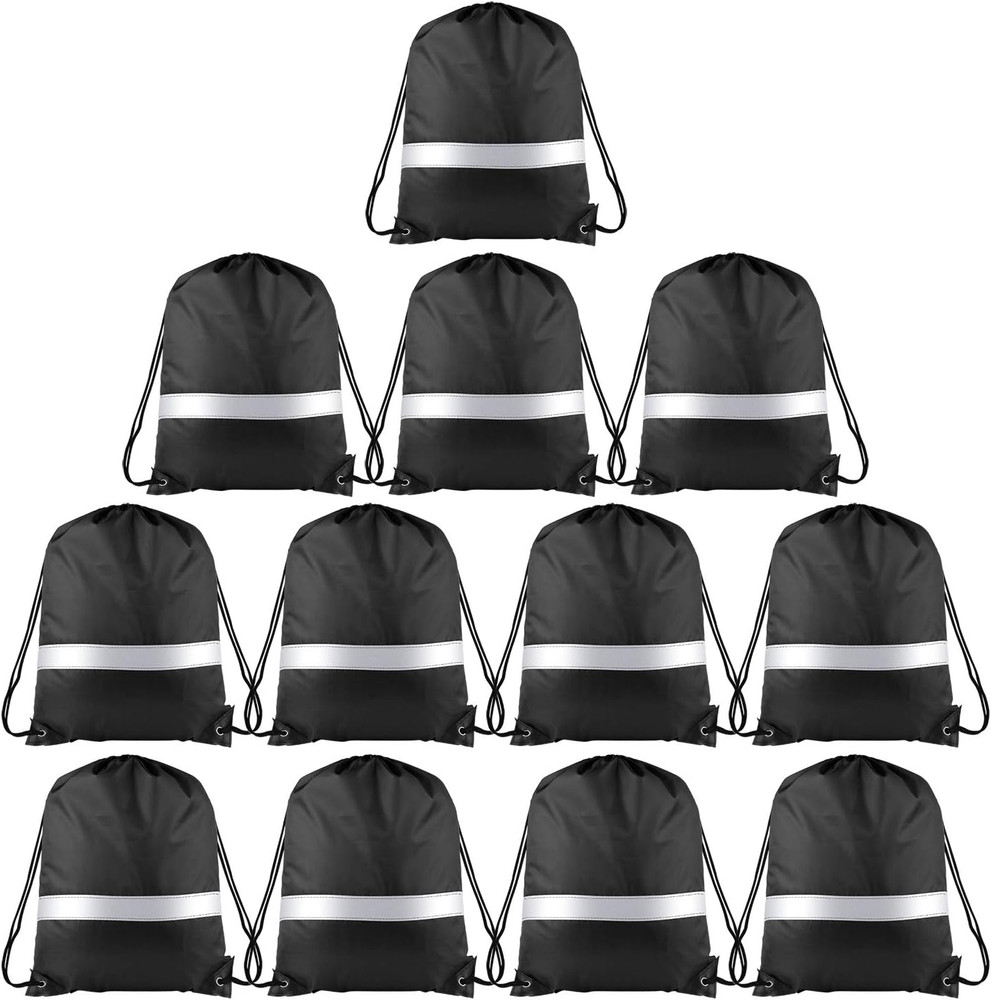 12 Pcs Drawstring Backpack Bag Bulk Reflective Backpack Black String Bags Cinch