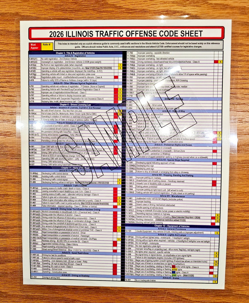 2026 Illinois Traffic Offense Code Sheet