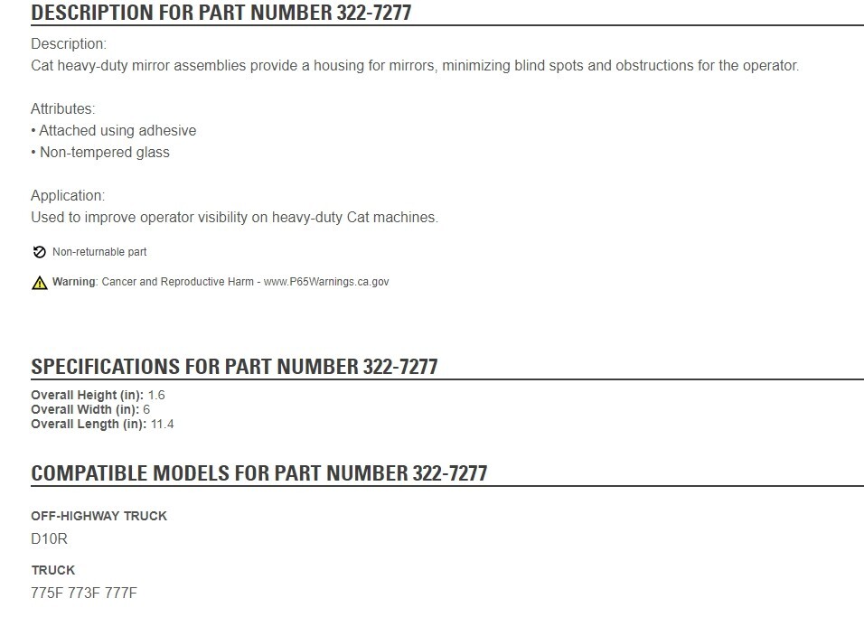 Genuine CAT 322-7277 mirror