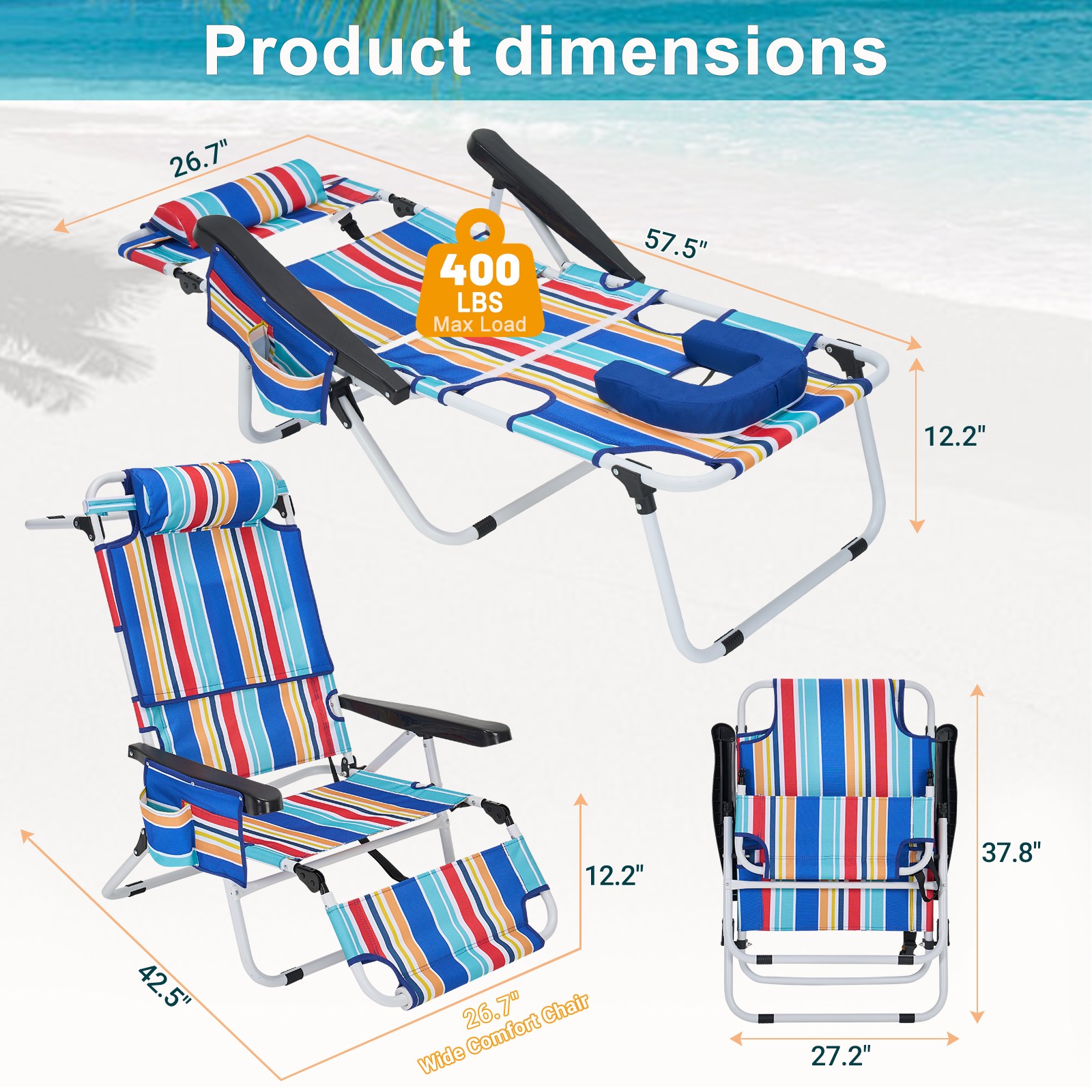 SLSY Tanning Chair with Face Hole 5-Levels Adjustable Reclining Poolside Lounger