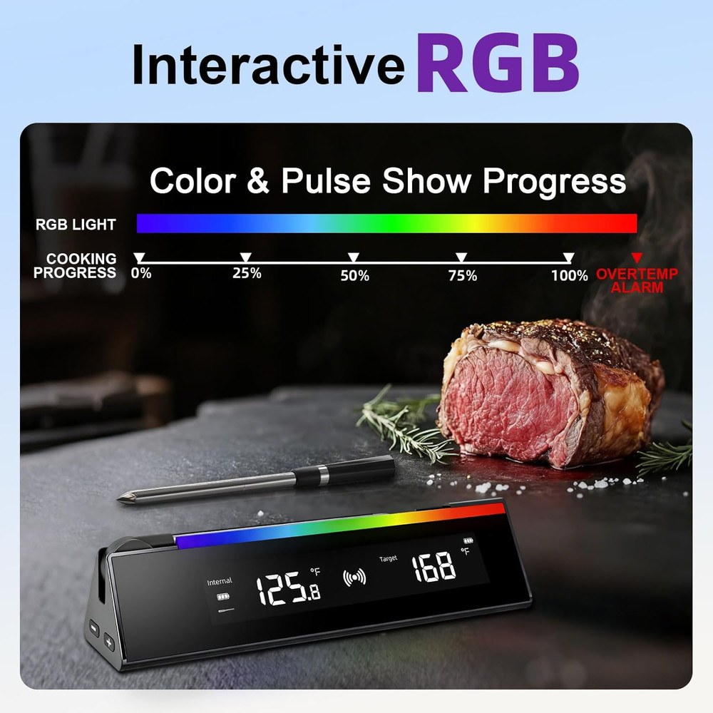 2 in 1 Wireless Meat Thermometer with 1 Wired Probe, RGB Cooking Progress Light,