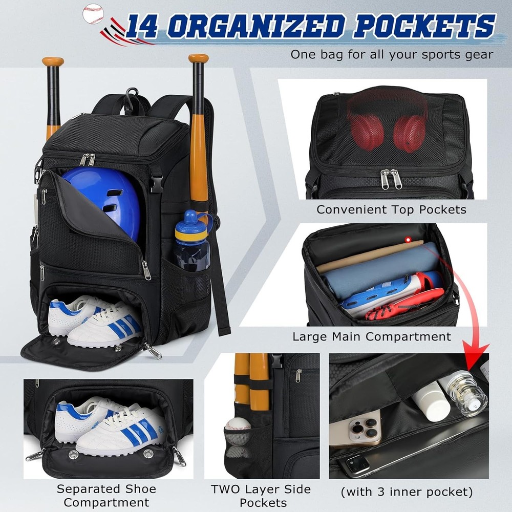 Baseball Backpack, Lightweight Softball Bag with Shoe Compartment Baseball Ba...