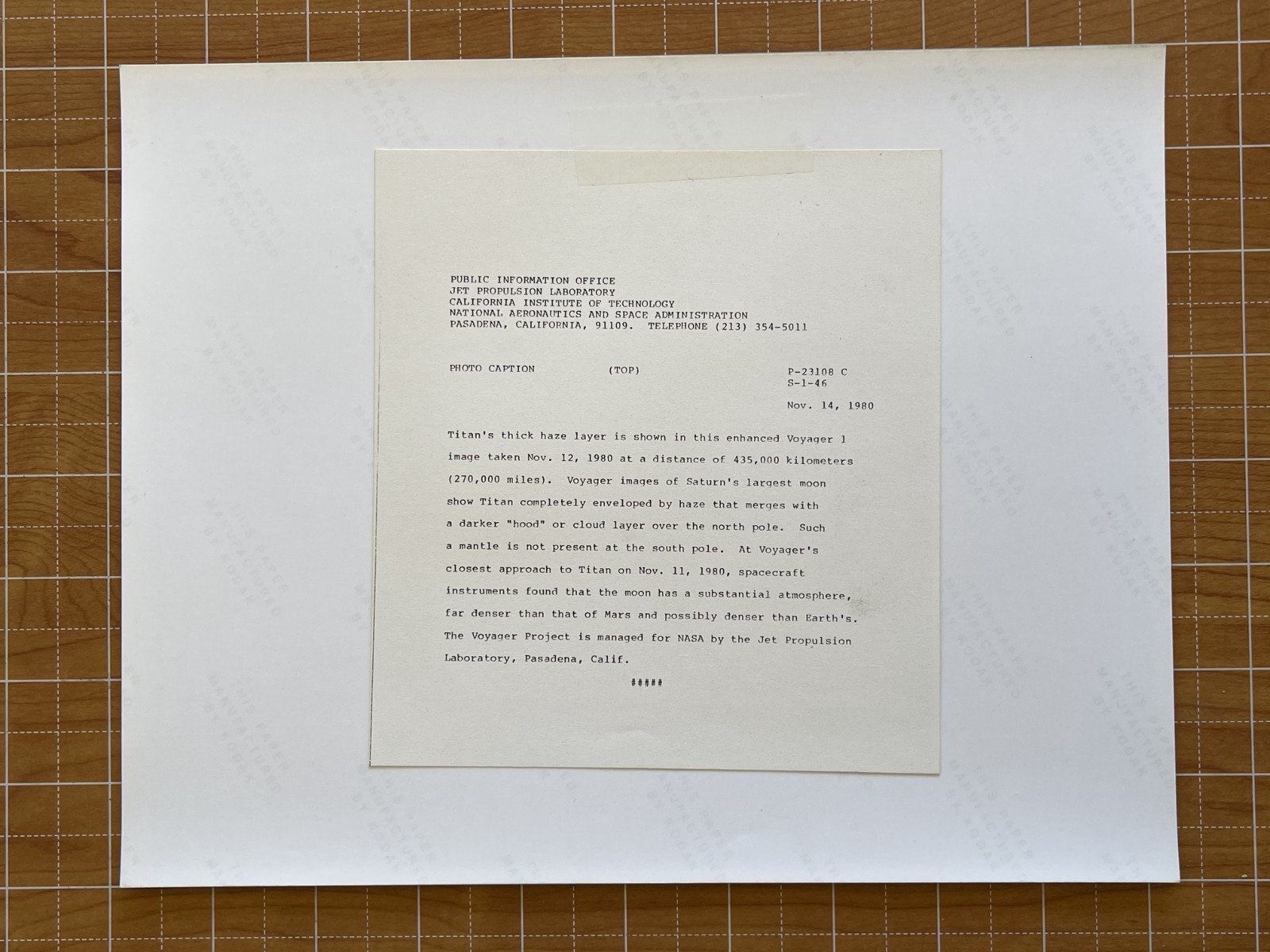 VINTAGE SPACE NASA PHOTO SATURN MOON TITAN VOYAGER JPL KODAK PAPER