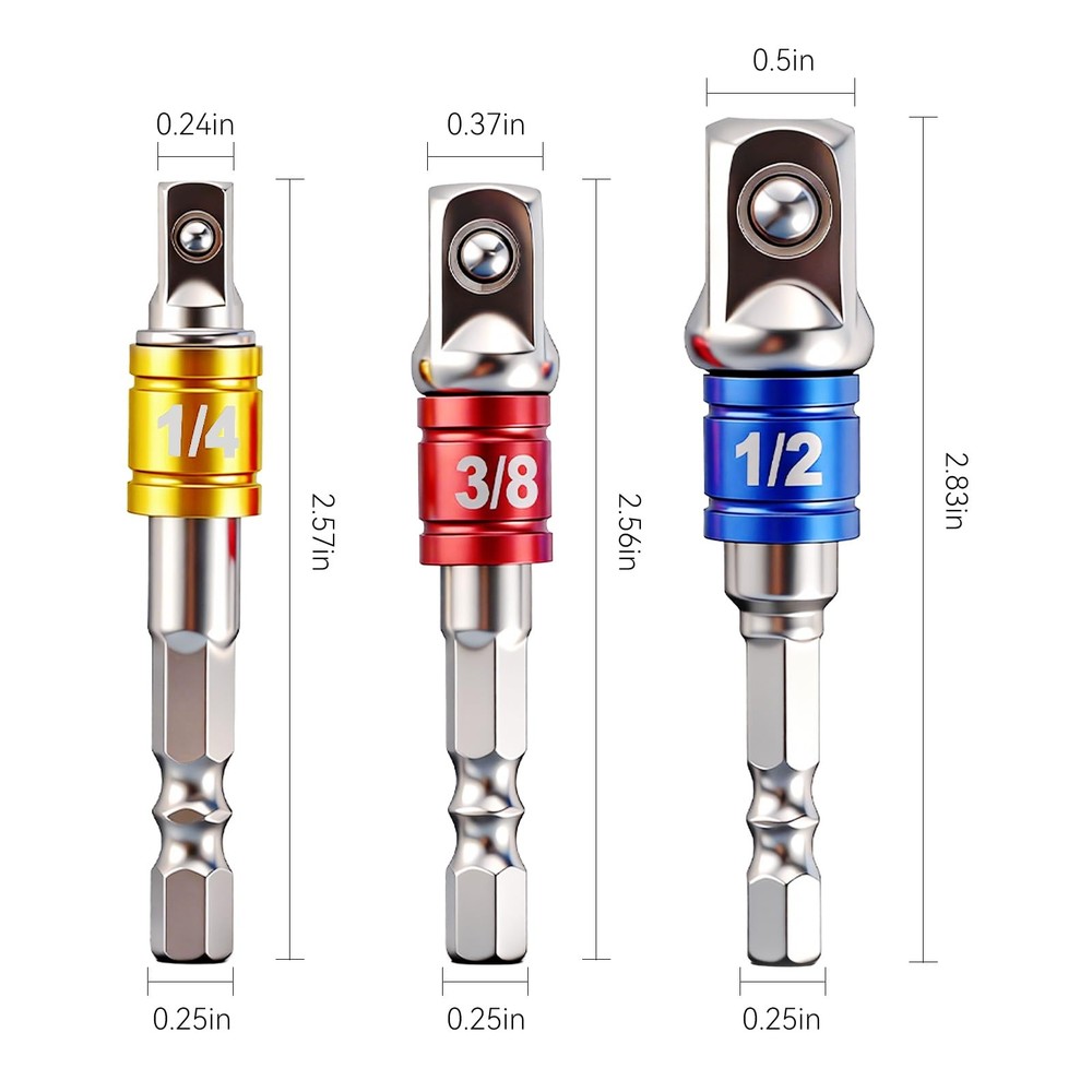 3PCS Hex Shank to Square Heavy Duty Socket Adapter Set, Impact Grade Drill So...