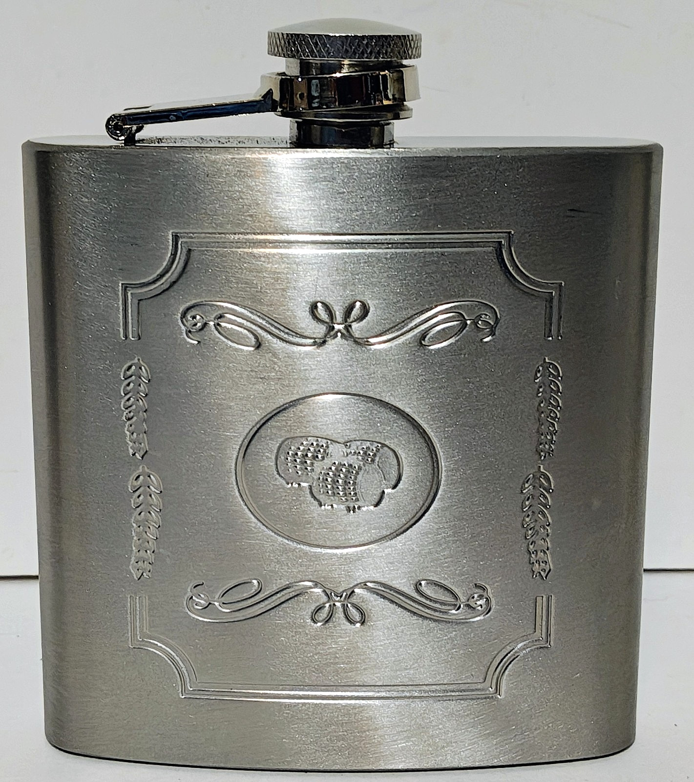 6-ounce Flask - Engraved Barrels Design - Stainless Steel - No Leak Attached Cap