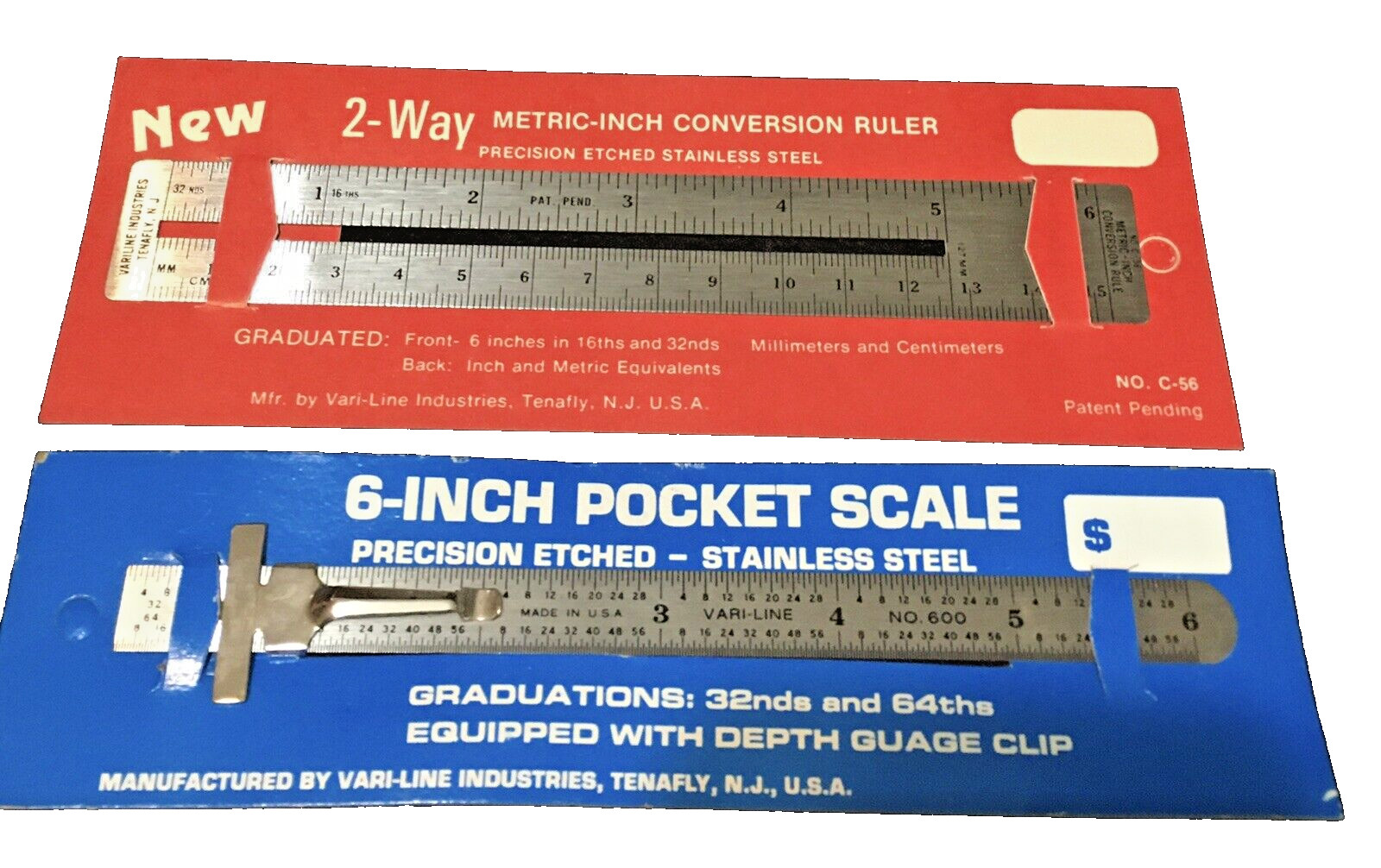 2 Pack Vintage Stainless Steel Rulers By Vari-Line Industries Made in U.S.A. NOS