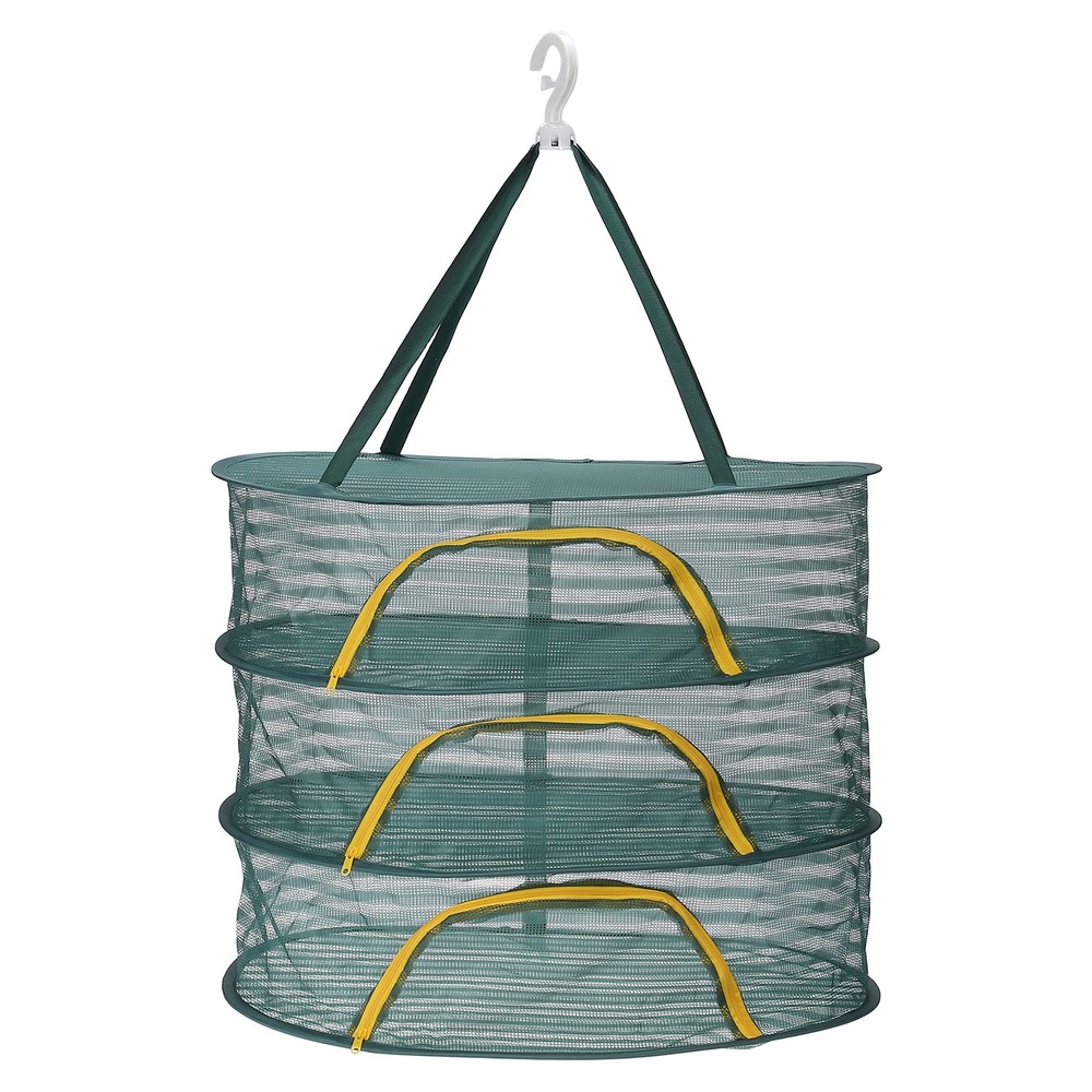 24" Herb Drying Rack Hanging 3 Layer Hanging Mesh Net with Zipper, Green