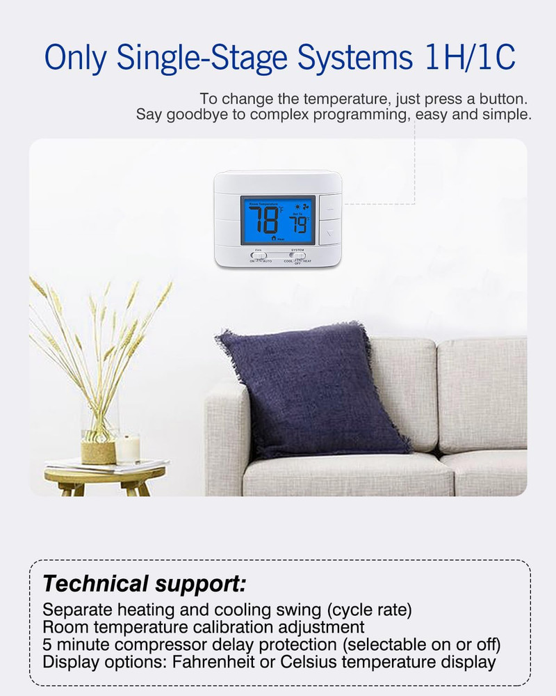 Non Programmable Thermostat for Home 1 Heat/ 1 Cool Single-Stage System, with Ro