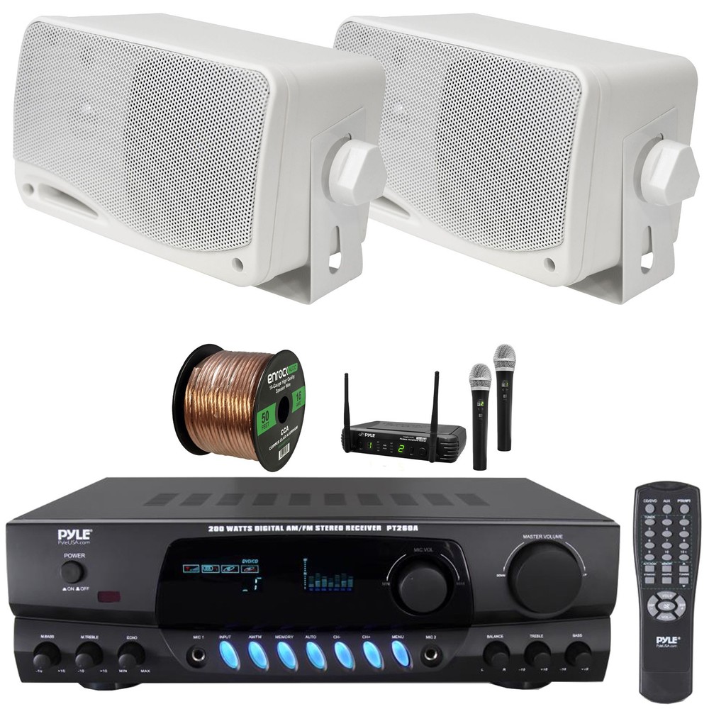 Pyle Home Screen Receiver, 2x 3.5'' 200W Mini Box White Speakers, Mic System