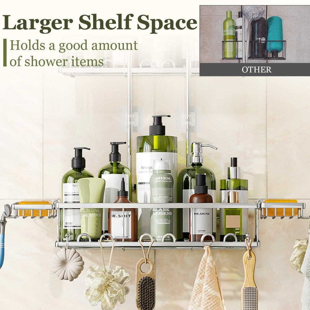 Skyapex Shower Caddy Hanging: Adjustable Height, Rustproof Shelves with Hooks, 2