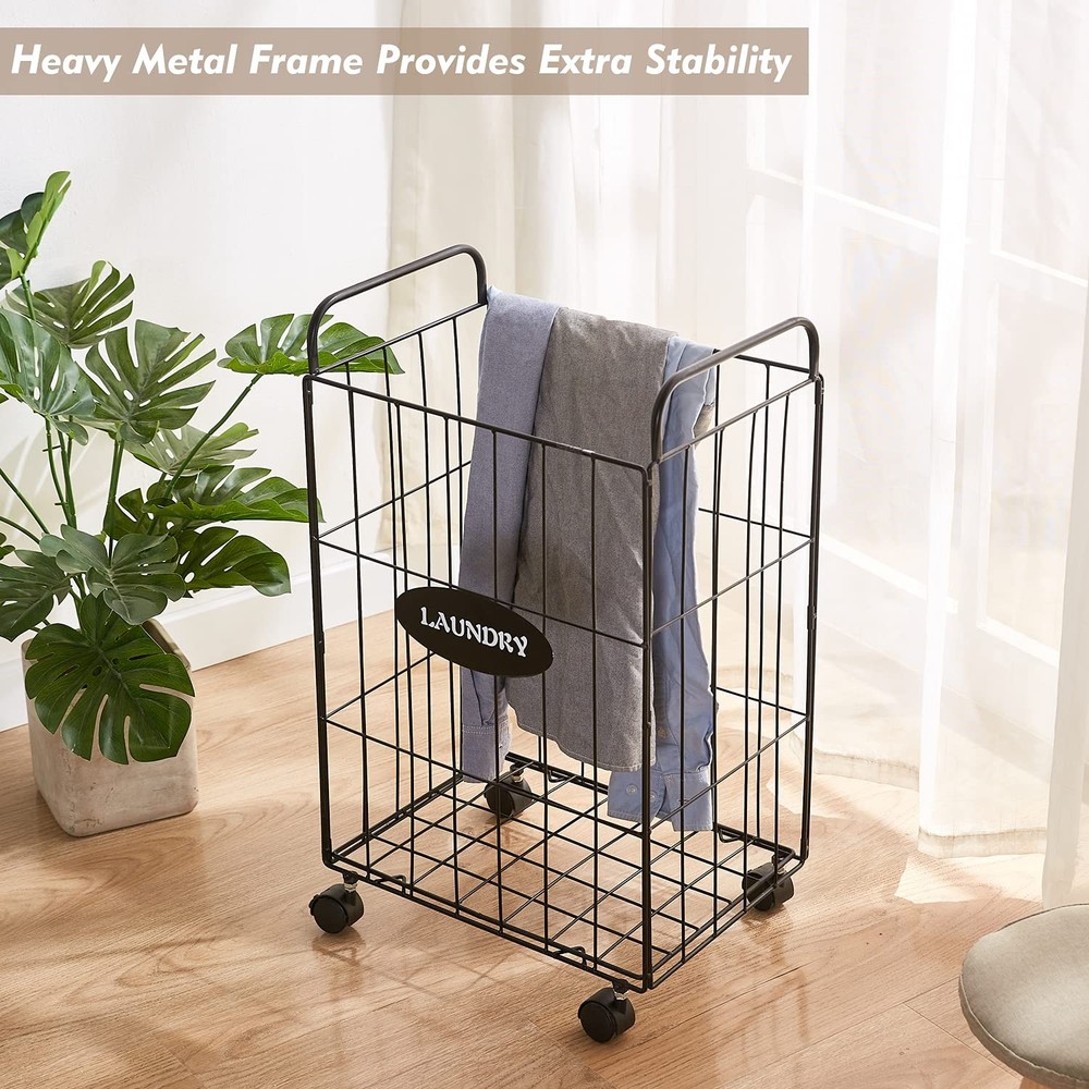 Mxfurhawa Iron Wire Laundry Hamper With Rolling Lockable Wheels, Folding Laun