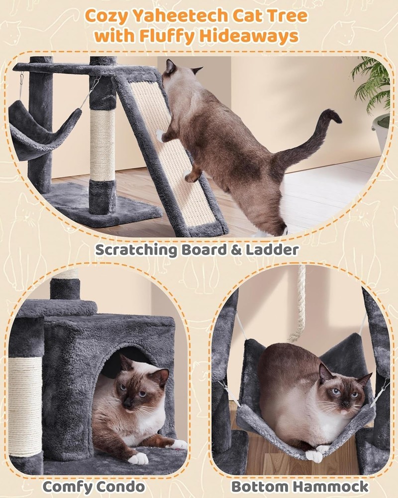 Stylish Cat Tree for All Breeds - Multi-Level 63'' Hammock & Scratching Posts