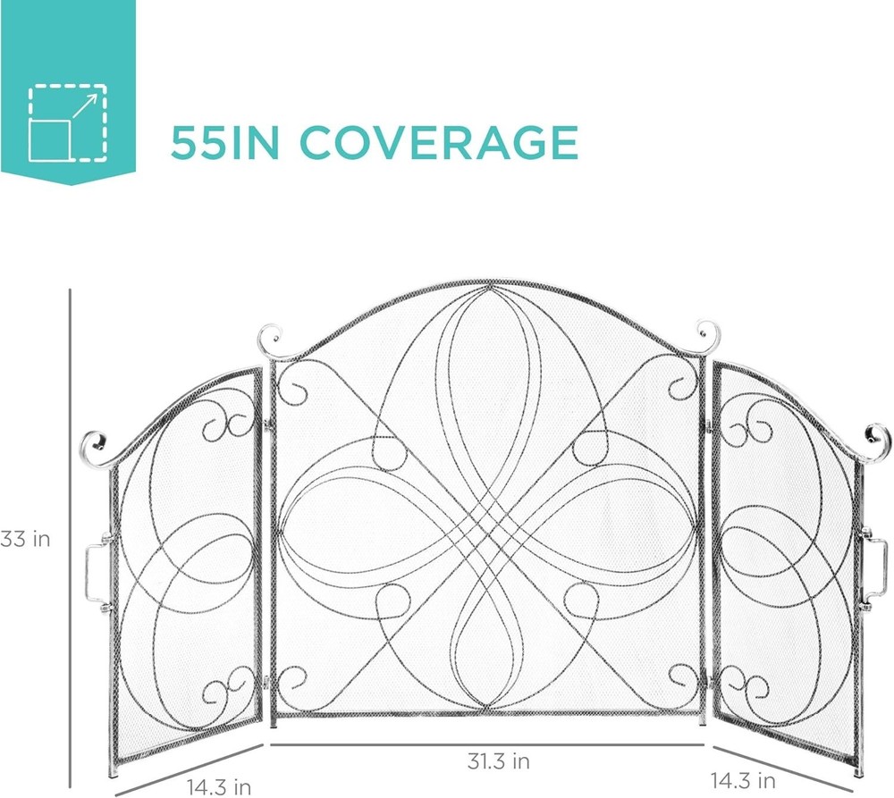 3-Panel Solid Wrought Iron See-Through Metal Fireplace Screen Spark 55x33in