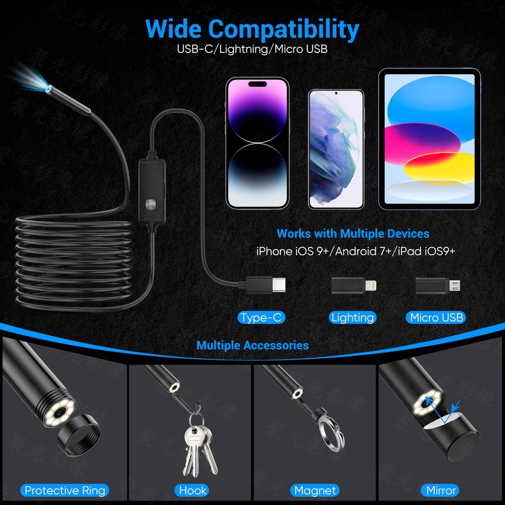 Endoscope Camera with Light,1920P HD Borescope with 8 Adjustable LED Lights, ...