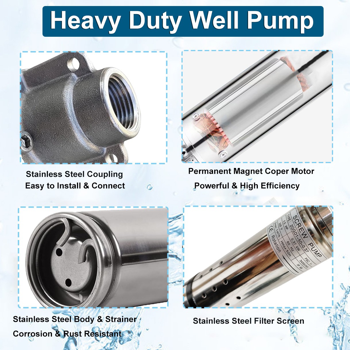 2" OD 1/2HP Deep Well Submersible Pump 164ft Hmax 230V 4.4GPM 33ft Cord