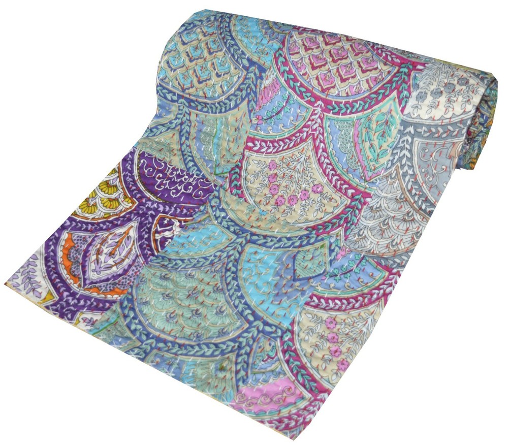 Handmade Patchwork Multi Print Twin Cotton Kantha Quilt Throw Indian Bedspread