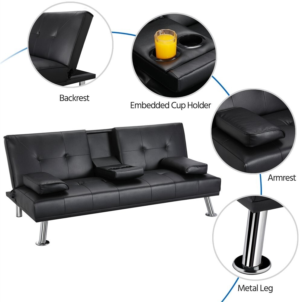 Faux Leather Sofa Bed Convertible Futon Sofa with 2 Throw Pillows Cup Holders