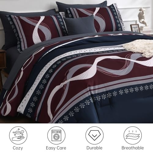 Striped Comforter Set Size,8 Pieces Bed in a Bag Patchwork Queen Blue Red