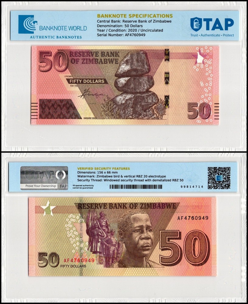 Zimbabwe 50 Dollars, 2020, P-105, UNC, TAP Authenticated