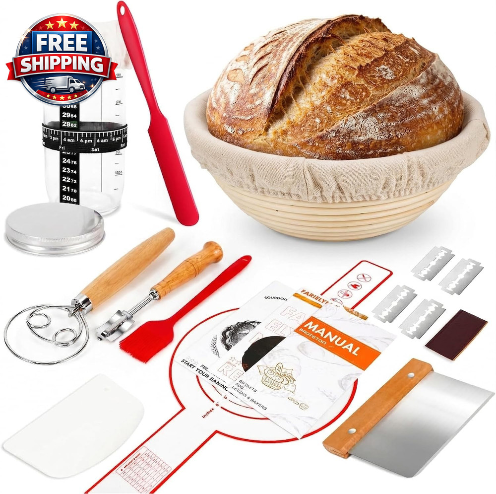 Complete Sourdough Starter Kit, Bread Baking Supplies, 9'' round Banneton Bread
