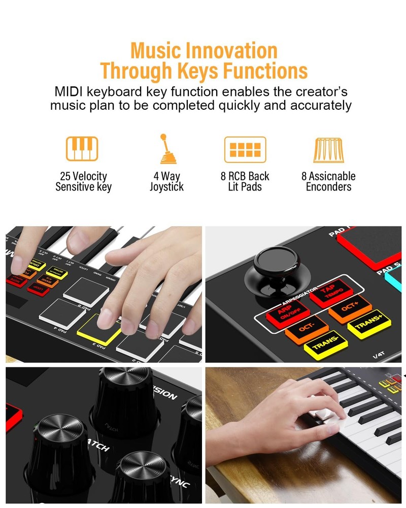 MIDI Keyboard Controller, 25 Key Rechargeable MIDI Keyboard with 8 Backlit Dr...