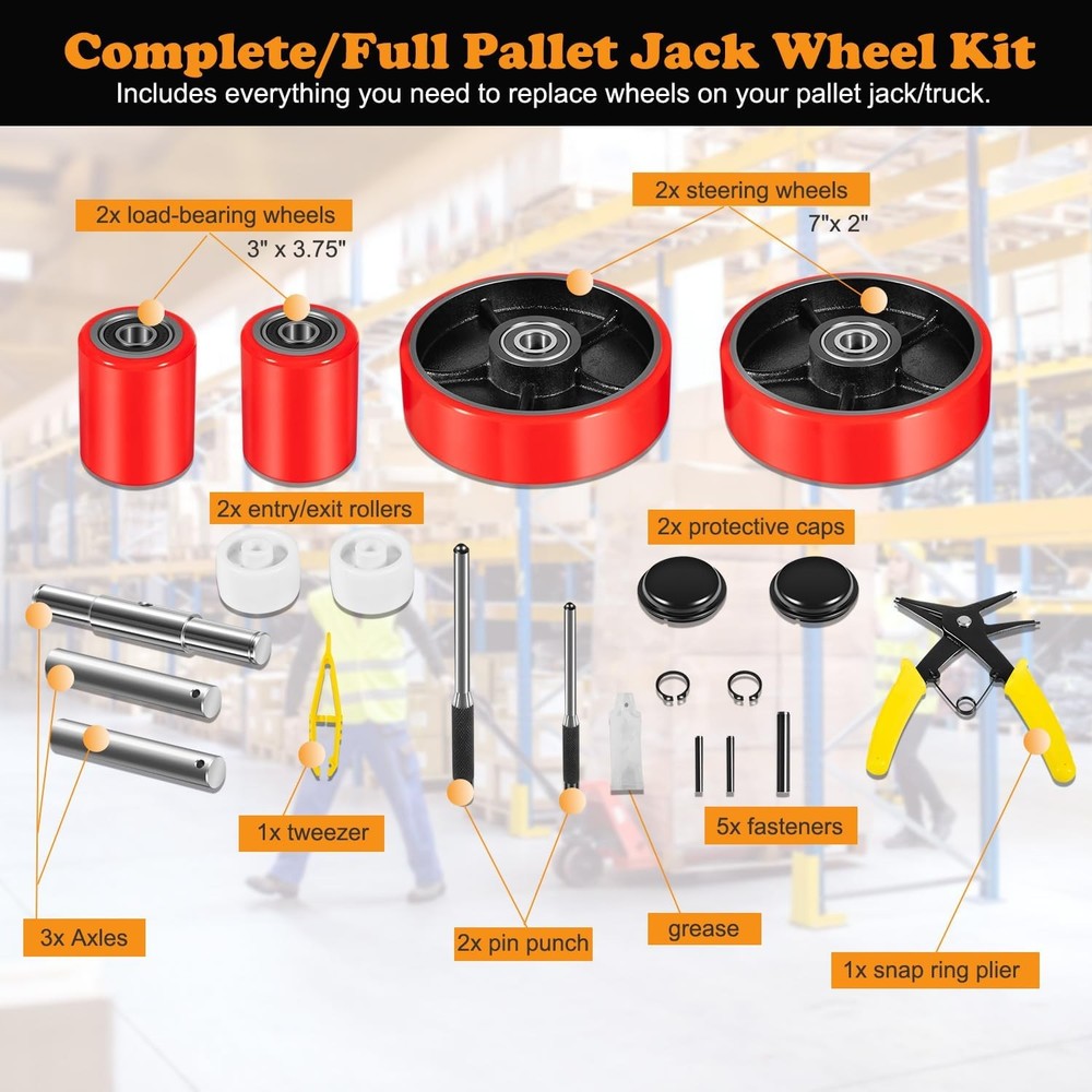 Pallet Jack Full Replacement Kit Steering Wheels 7"x2" Front Load Roller 3"x3.75