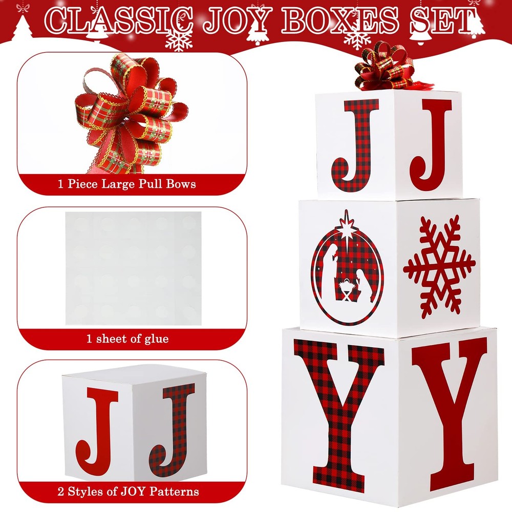 4 PCS Merry Christmas Joy Boxes Decorations Large Stackable Nesting Gift