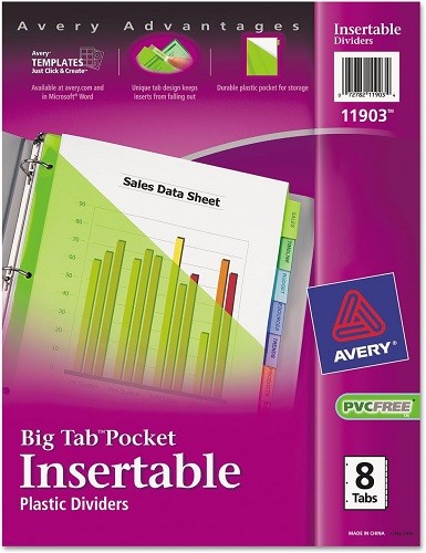 Avery 11903 Pocket Insertable Dividers, Plastic, 8-Tab, Multi-Color