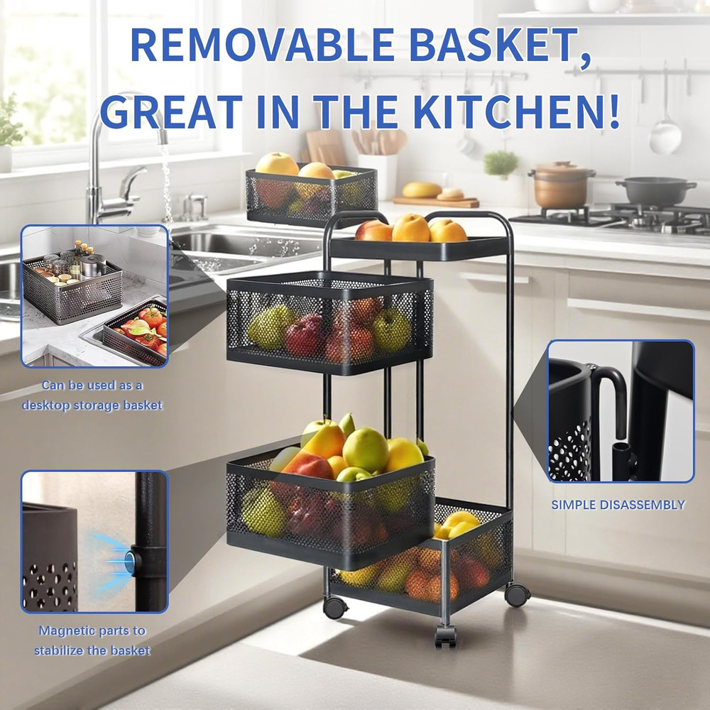 Rotating Kitchen Storage Rack, 4 Tier Rolling Cart with Fruit and Vegetable Bask