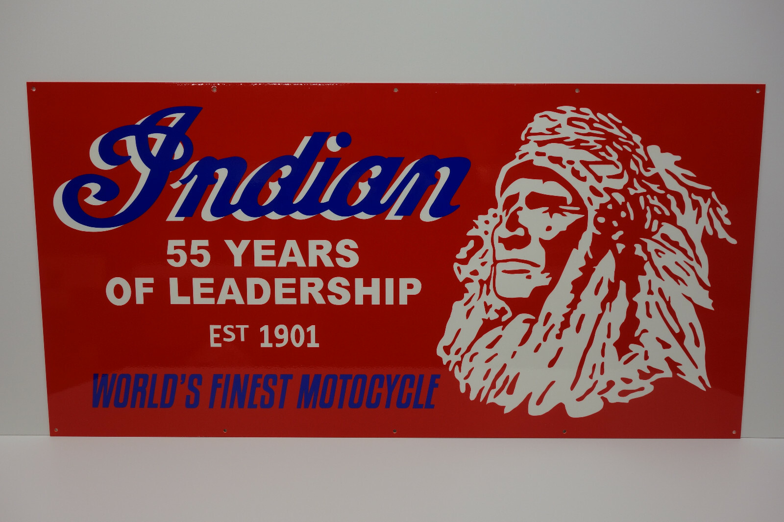 INDIAN MOTORCYCLE ICONIC 55 YEARS EST 1901 SIGN. LARGE 36" X 18". VERY COLORFUL!