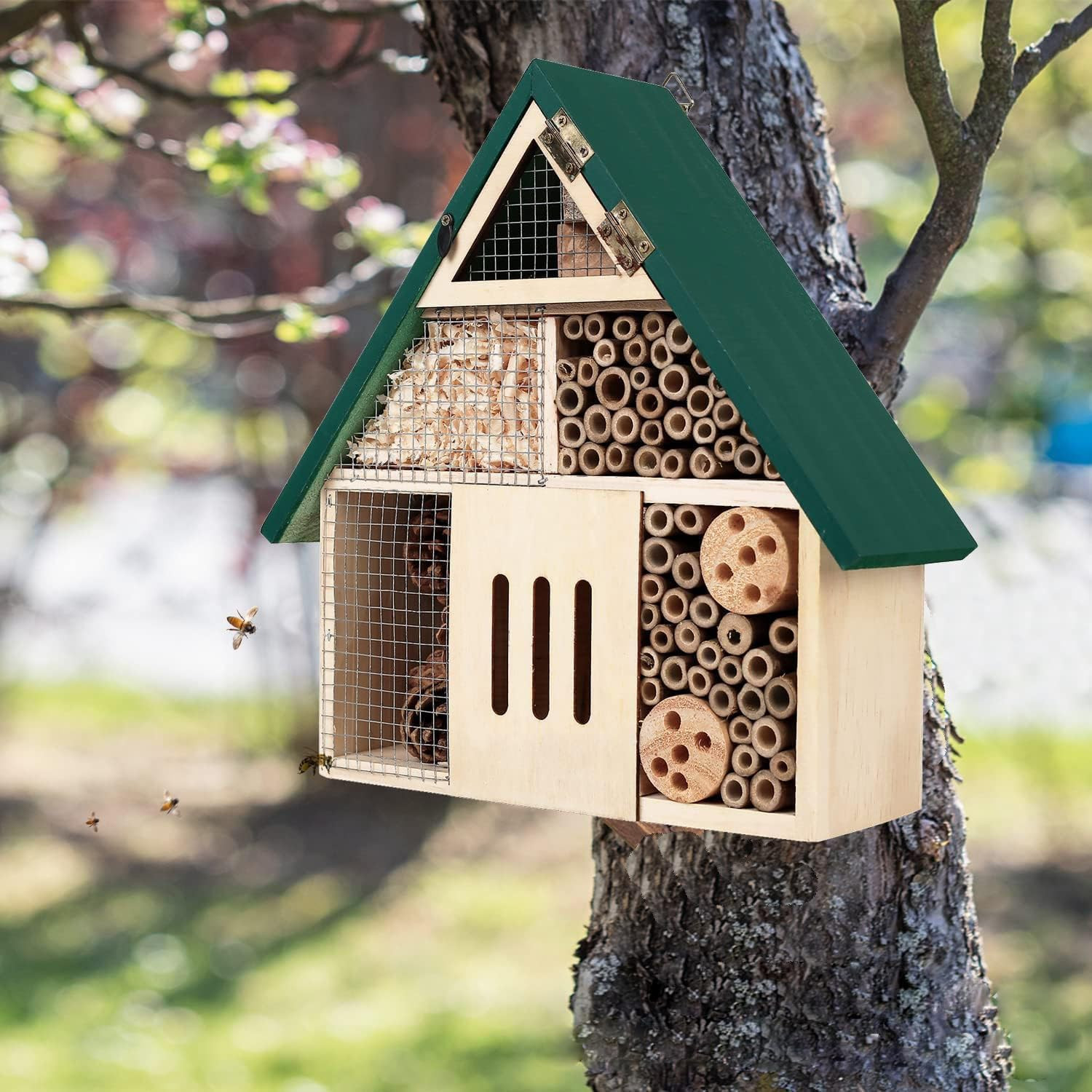 Bee House Hanging Insect Hotel – Natural Wooden Bee Hotel for Outdoors, DIY Inse