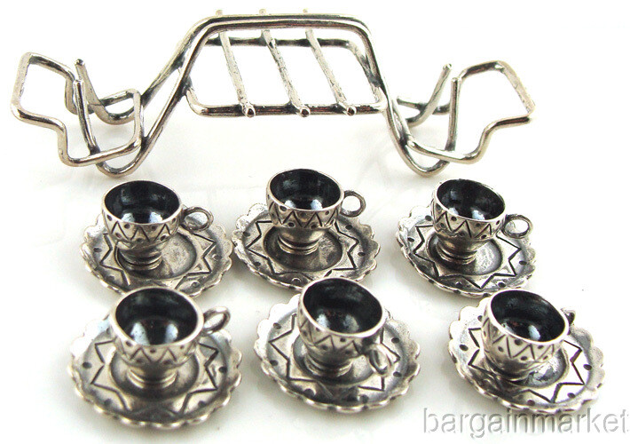 7 pc Sterling Silver Miniature Tea Coffee Cups Coaster & Rack #501