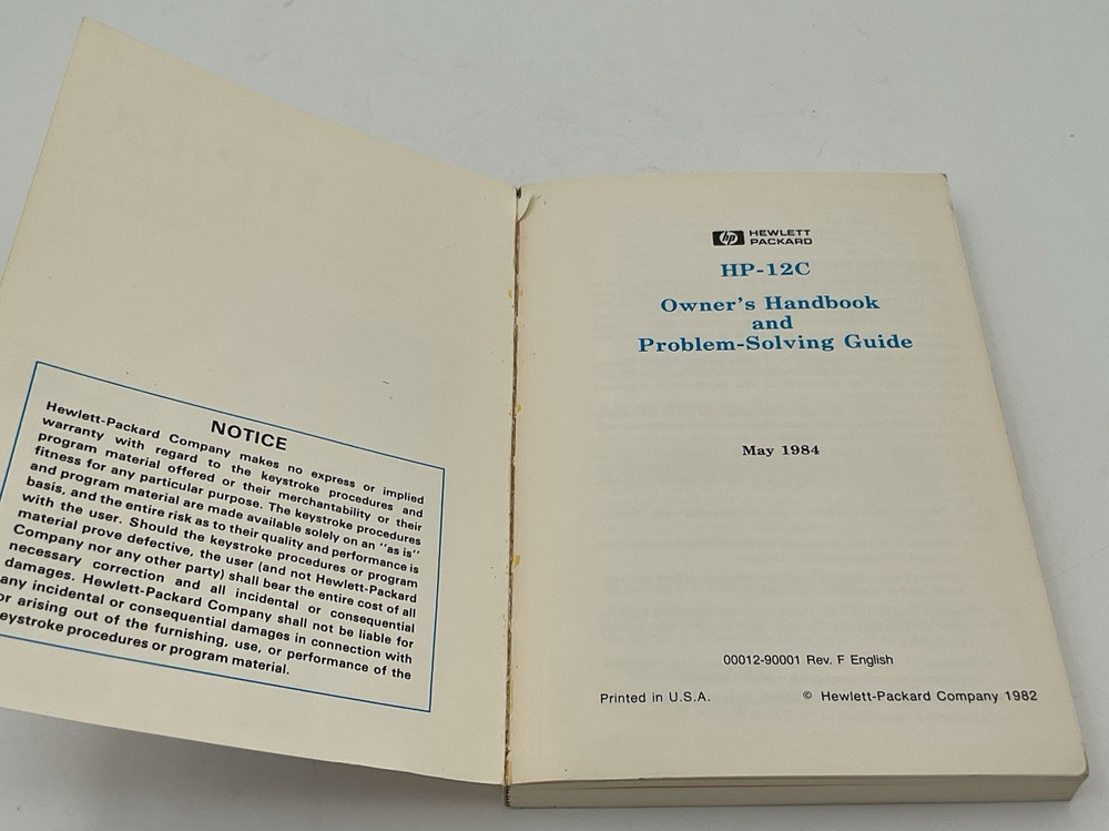 Hewlett Packard HP-12C Owner's Handbook And Problem-Solving Guide 5/84