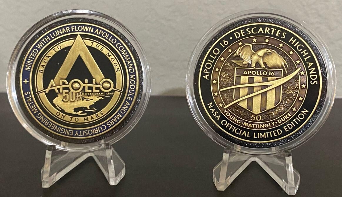 APOLLO-16 - 50th Anniversary - LUNAR FLOWN METAL - NASA MEDALLION - COA -MINT
