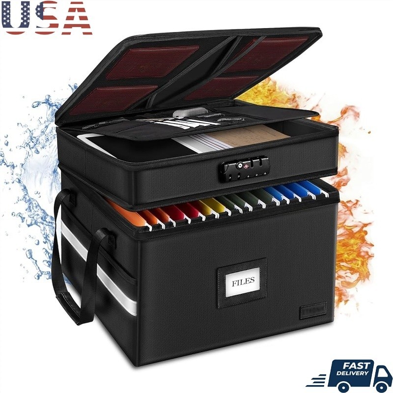 Fireproof Waterproof Double Layer File Storage Box W/ Lock Portable Organizer US
