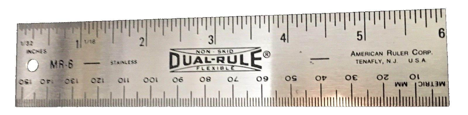 Vintage 6" Stainless Steel Ruler Cork Back Dual-Rule SAE/Metric w/Case U.S.A.