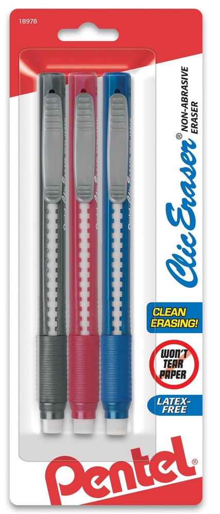 Pentel Clic Retractable Eraser with Grip, Assorted Barrel 3 Pack, Multicolor