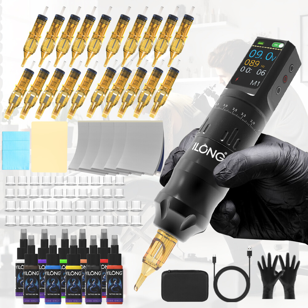 Tattoo Kit Complete Rotary Pen Machine Wireless 1200mAh Power Supply Needles Ink