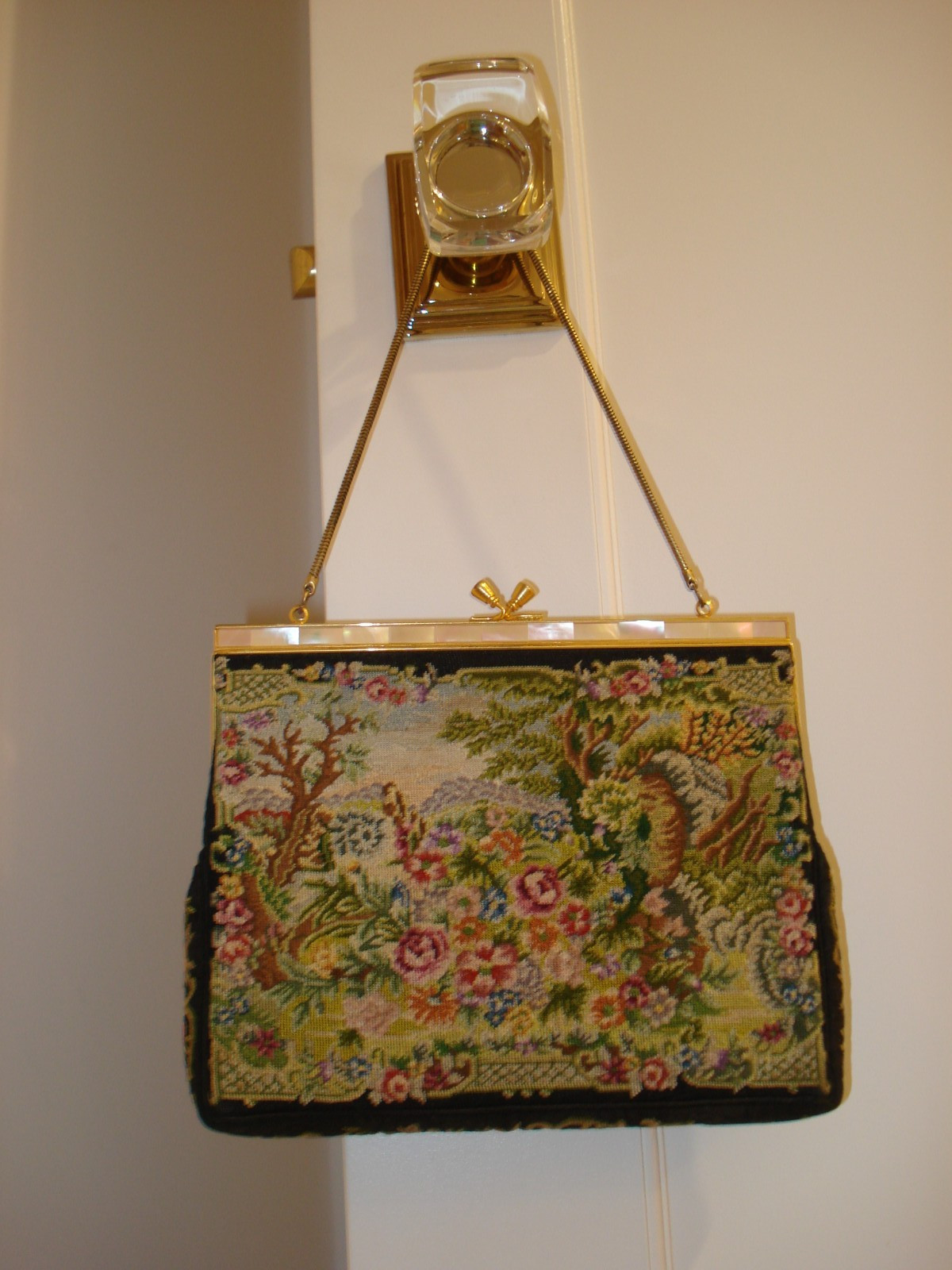 VINTAGE PETIT POINT FLORAL TAPESTRY GOLD METAL MOTHER OF PEARL TRIMMED FRAME