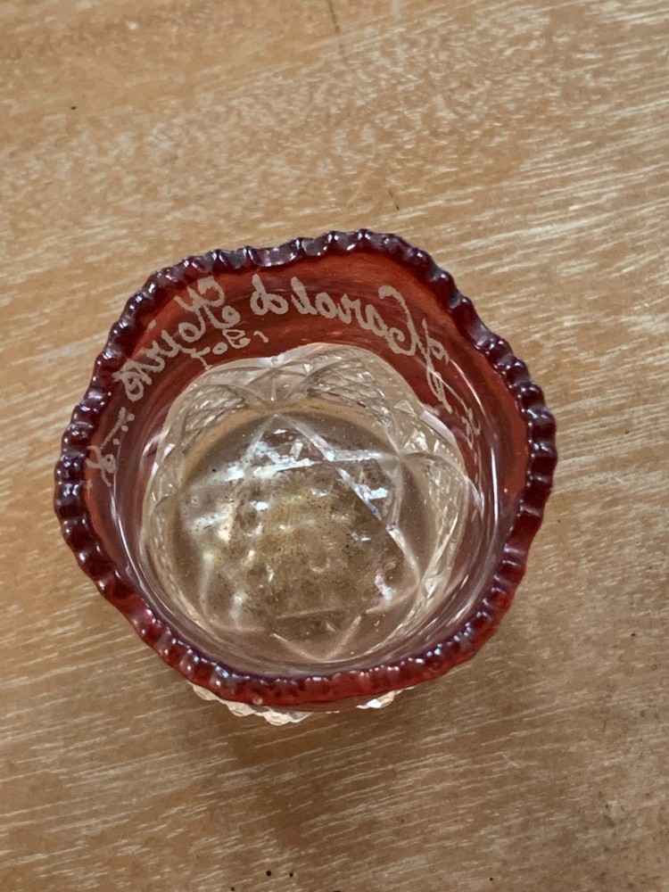 1907 EAPG Ruby Flash Glass Toothpick Holder Monogrammed "Harold Hoirk" 2.25"