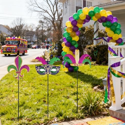 Mardi Gras Outdoor Decorations, Set of 3 Metal 36" Decorative Garden Stakes