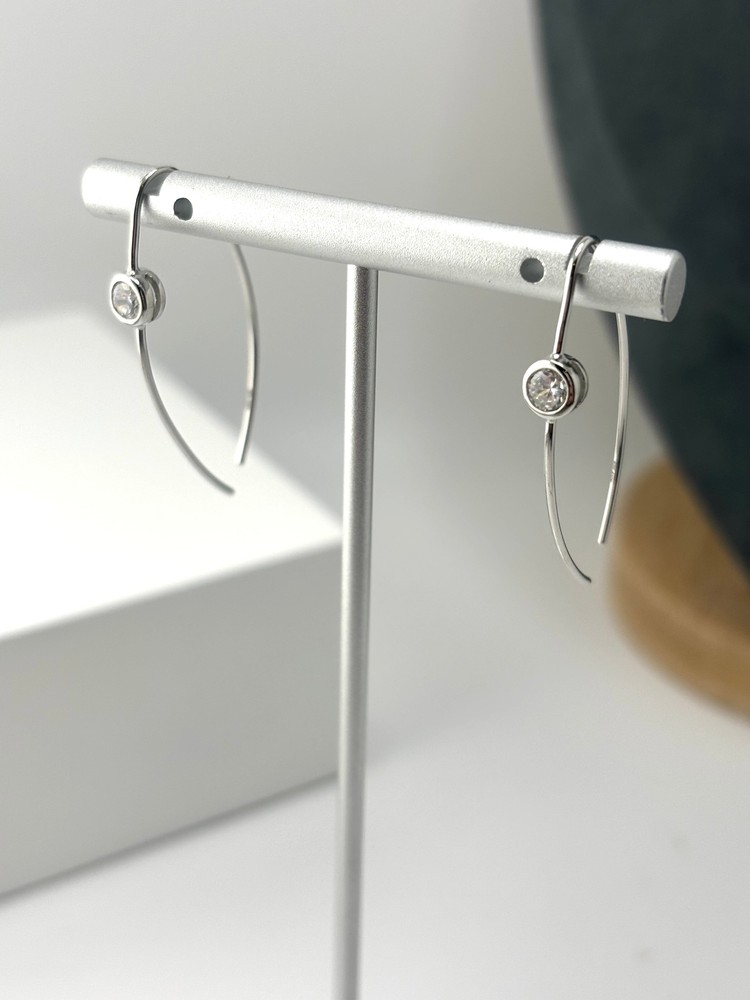 Rhodium Plated Thin Wire with Bezel CZ Earrings