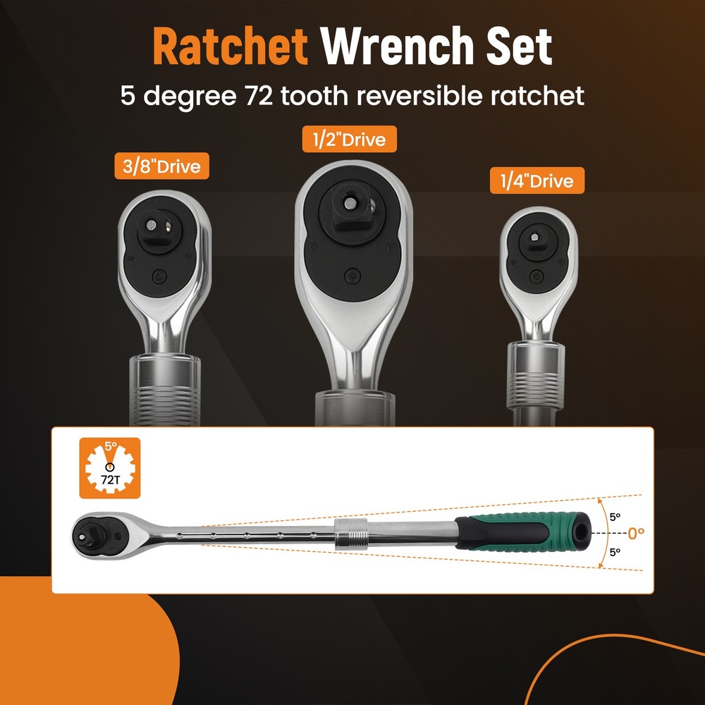 Mechanic Socket Wrench Set 72-Tooth 1/4 3/8 1/2 Drive Extendable Quick Release